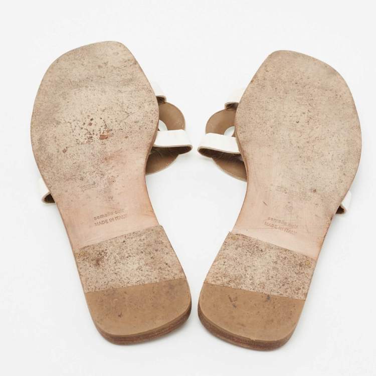 Pre Owned Hermes White Leather Omaha Flat Slides Size 40