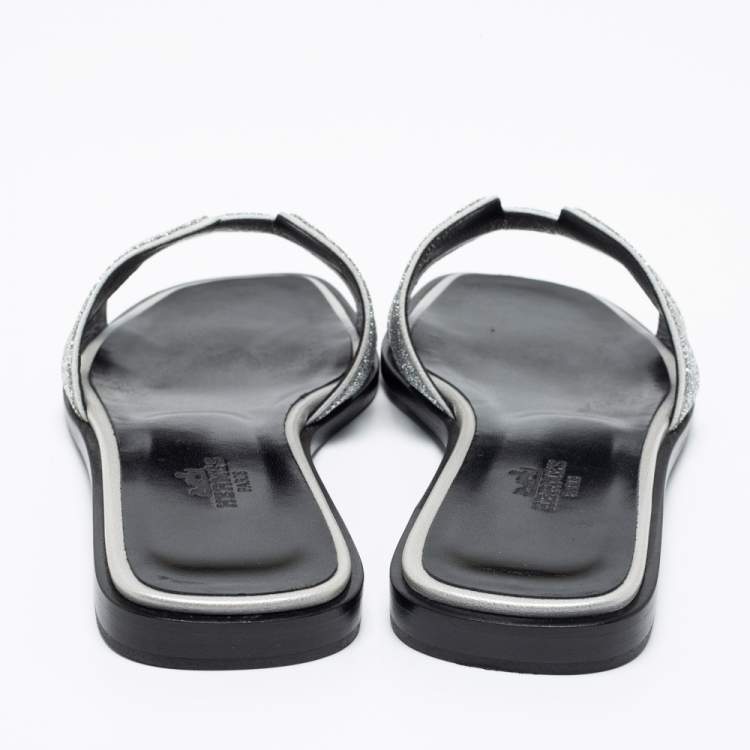 Pre Owned Hermes Silver/Grey Crystals and Suede Trim Oran Flat Slides Size 36