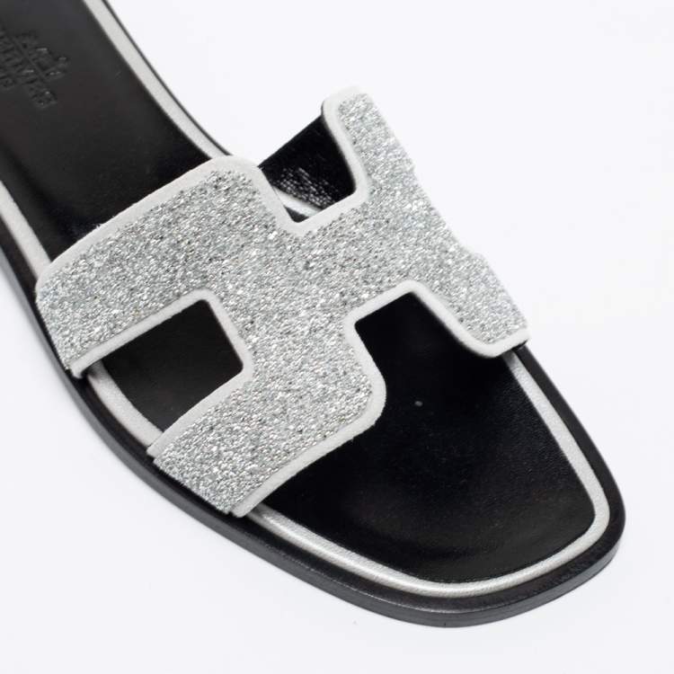Pre Owned Hermes Silver/Grey Crystals and Suede Trim Oran Flat Slides Size 36