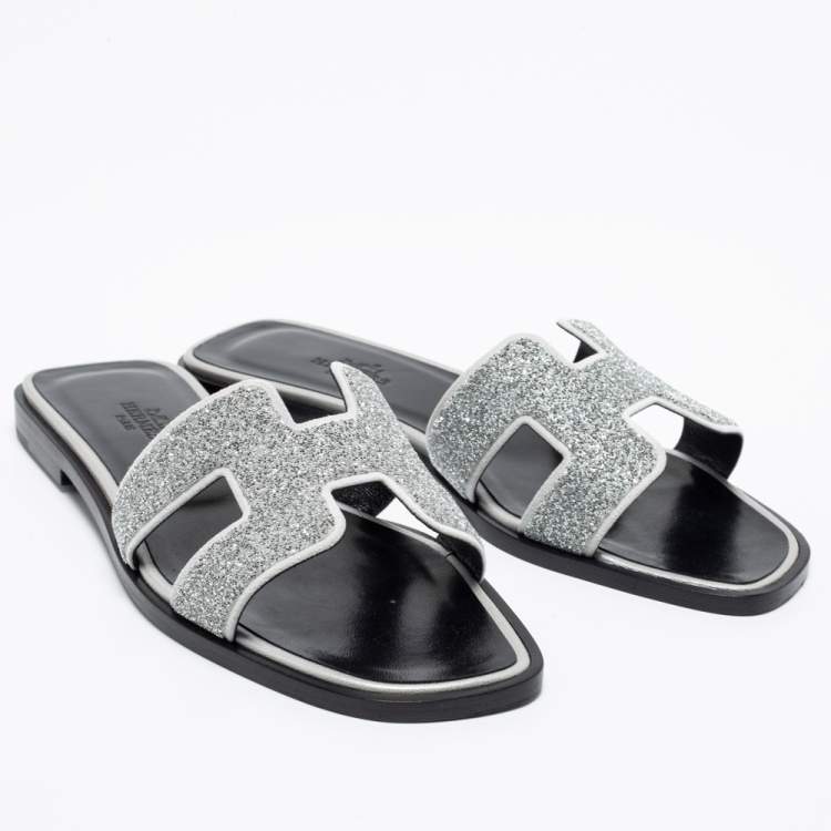 Pre Owned Hermes Silver/Grey Crystals and Suede Trim Oran Flat Slides Size 36