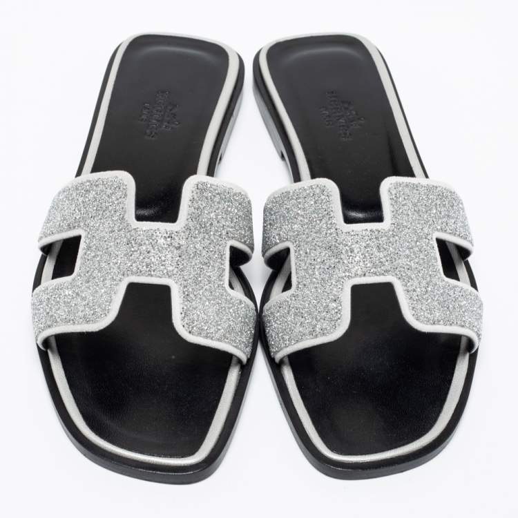 Pre Owned Hermes Silver/Grey Crystals and Suede Trim Oran Flat Slides Size 36