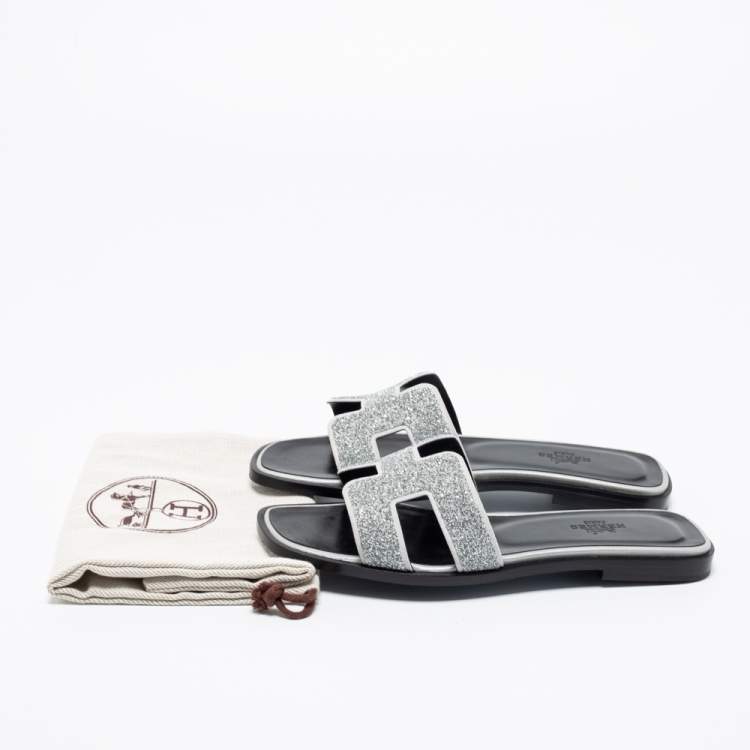 Pre Owned Hermes Silver/Grey Crystals and Suede Trim Oran Flat Slides Size 36