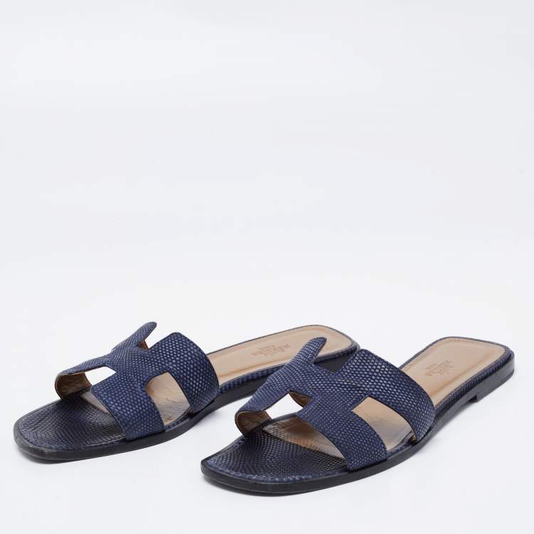 Hermes Navy Blue Leather Oran Sandals Size 39