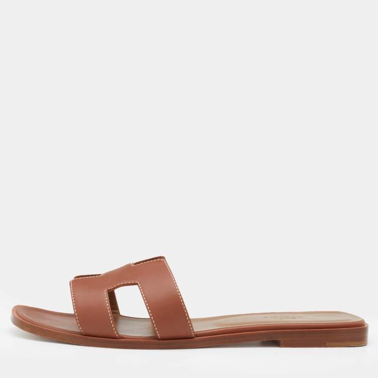 Pre Owned Hermes Brown Leather Oran Flats Size 39