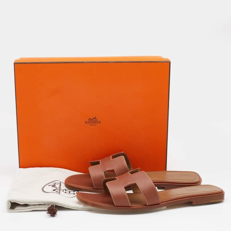 Pre Owned Hermes Brown Leather Oran Flats Size 39