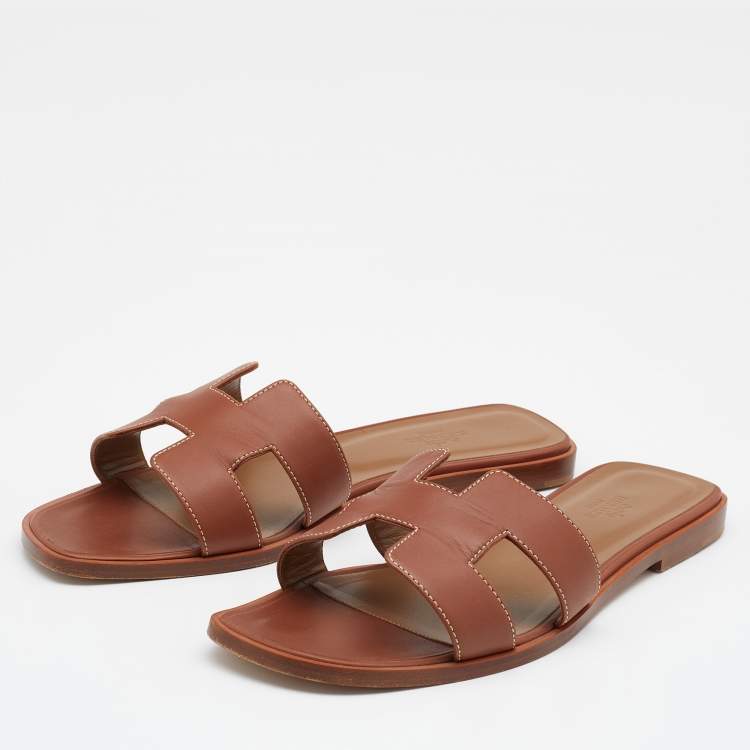 Pre Owned Hermes Brown Leather Oran Flats Size 39
