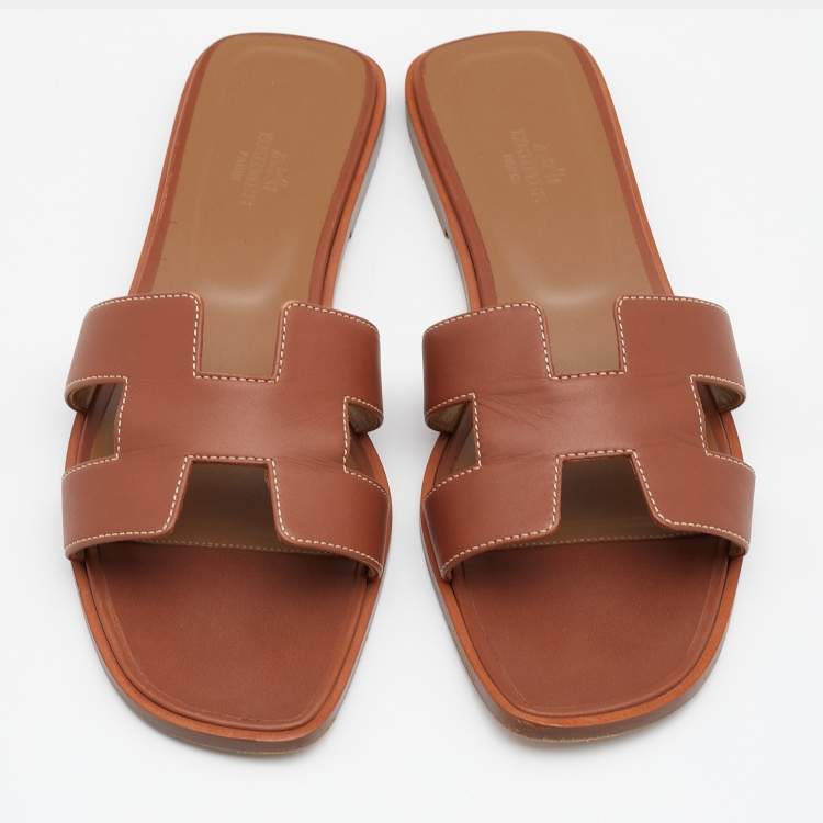 Pre Owned Hermes Brown Leather Oran Flats Size 39