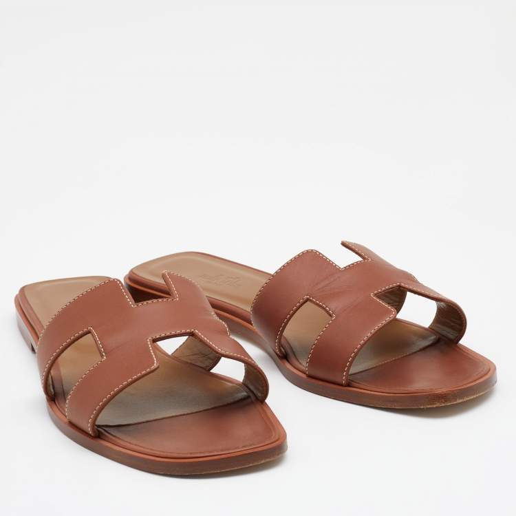 Pre Owned Hermes Brown Leather Oran Flats Size 39