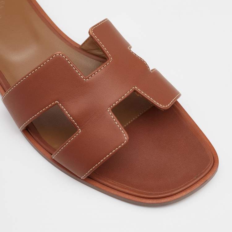 Pre Owned Hermes Brown Leather Oran Flats Size 39