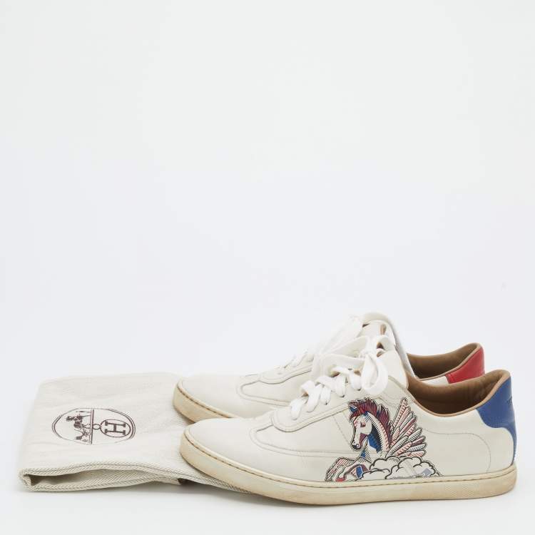 Pre Owned Hermés White Pégase Pop Print Leather Quicker Low Top Sneakers Size 39