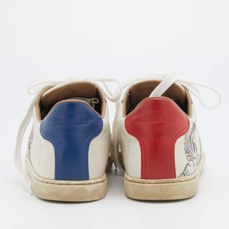 Pre Owned Hermés White Pégase Pop Print Leather Quicker Low Top Sneakers Size 39