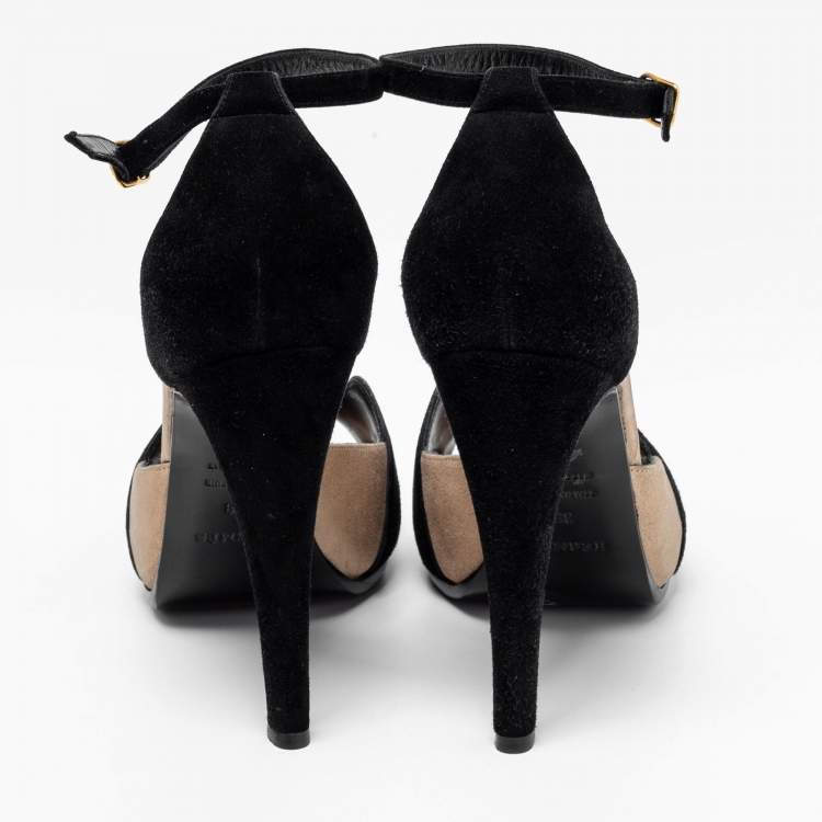 Pre Owned Hermes Black/Gold Suede Premiere Ankle-Strap Sandals Size 38