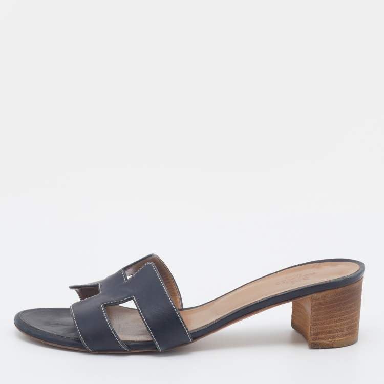 Hermes Black Leather Oasis Block Heel Slide Sandals Size 37 Hermes ...