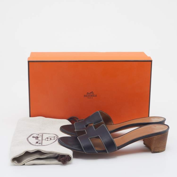 Hermes Black Leather Oasis Block Heel Slide Sandals Size 37 Hermes The Luxury Closet