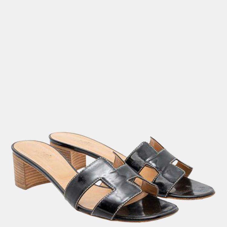 Pre Owned Hermes Black Patent Leather Oasis Sandals Size EU 39