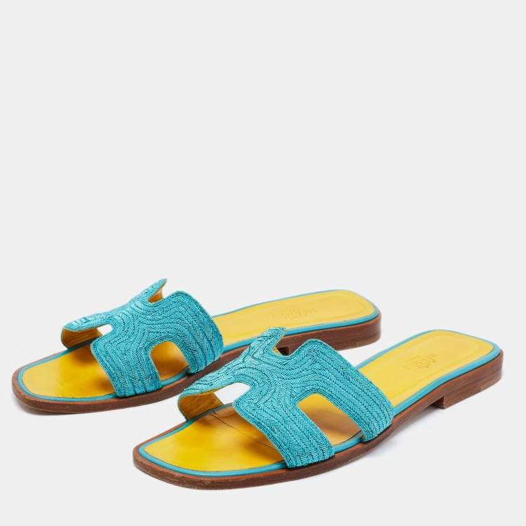 Pre Owned Hermes Blue Embellished Leather Oran Flat Slides Size 38