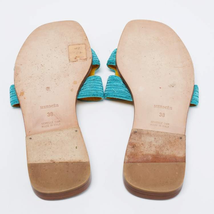 Pre Owned Hermes Blue Embellished Leather Oran Flat Slides Size 38
