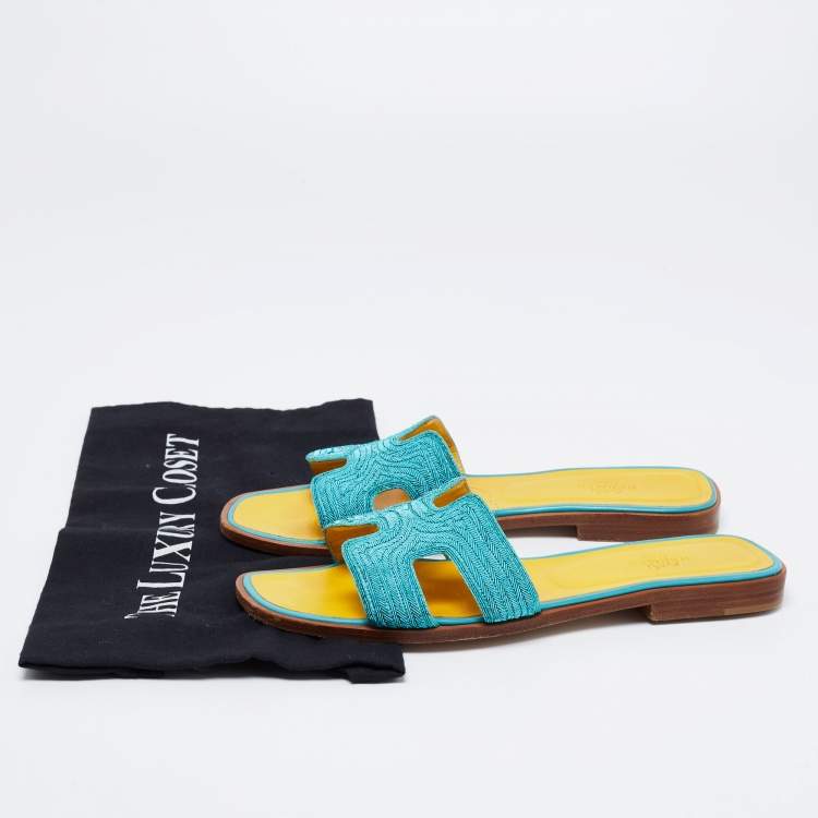 Pre Owned Hermes Blue Embellished Leather Oran Flat Slides Size 38