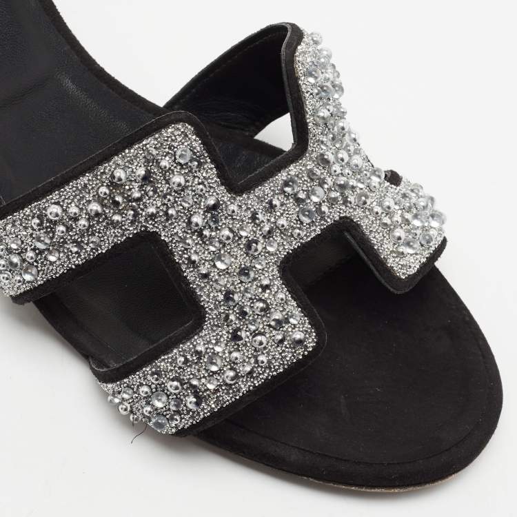 Pre Owned Hermes Silver/Black Beads And Suede Embellished Oasis Slide Sandals Size 37