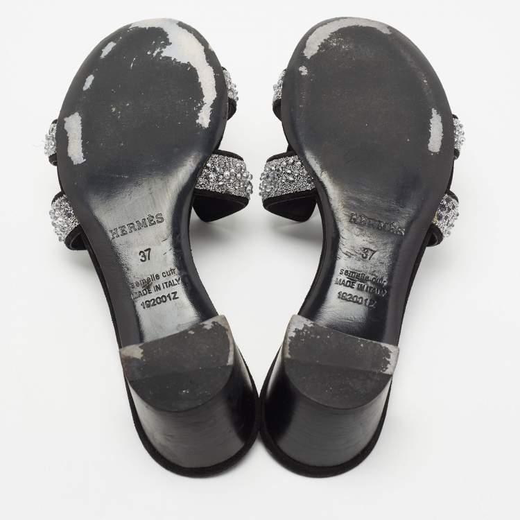 Pre Owned Hermes Silver/Black Beads And Suede Embellished Oasis Slide Sandals Size 37