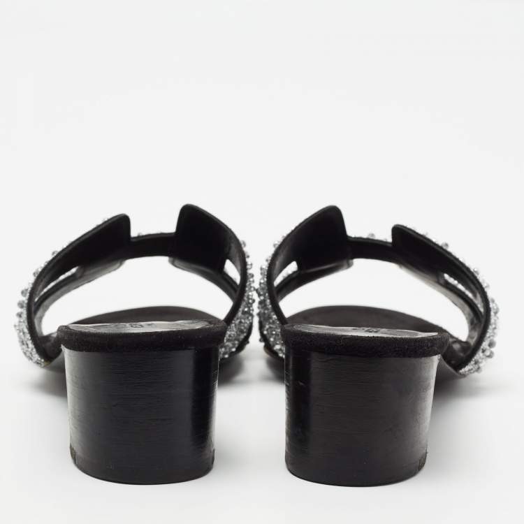 Pre Owned Hermes Silver/Black Beads And Suede Embellished Oasis Slide Sandals Size 37