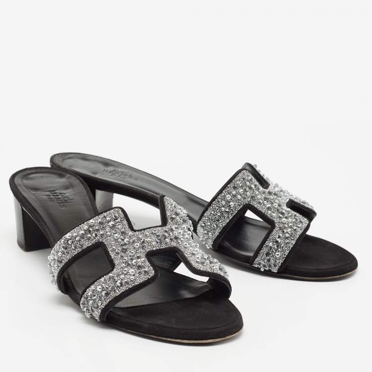 Pre Owned Hermes Silver/Black Beads And Suede Embellished Oasis Slide Sandals Size 37