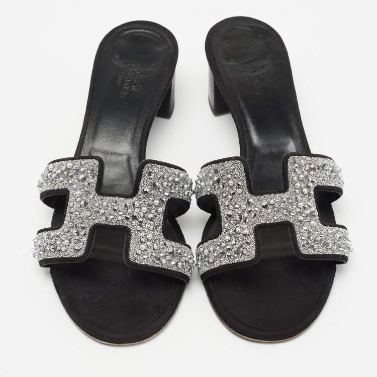 Pre Owned Hermes Silver/Black Beads And Suede Embellished Oasis Slide Sandals Size 37