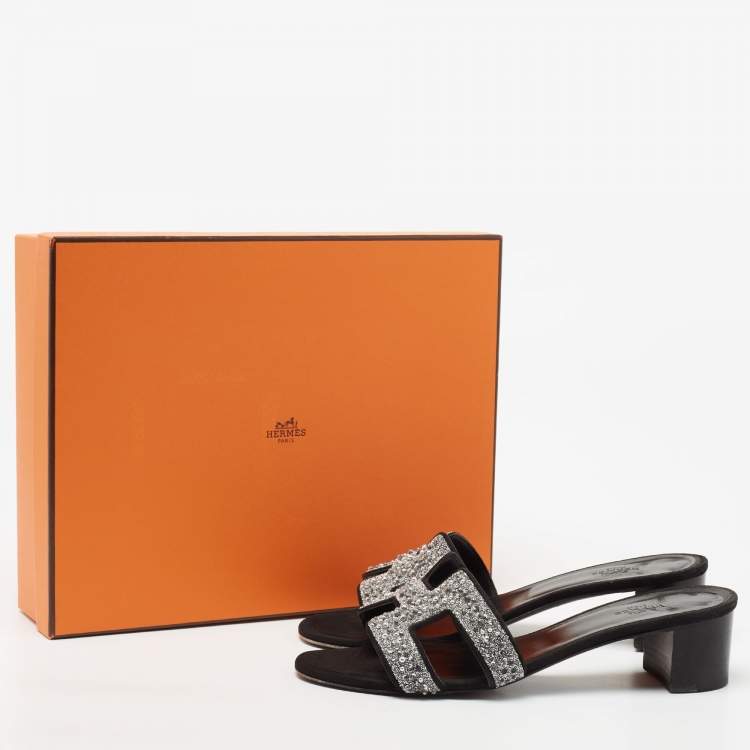 Pre Owned Hermes Silver/Black Beads And Suede Embellished Oasis Slide Sandals Size 37