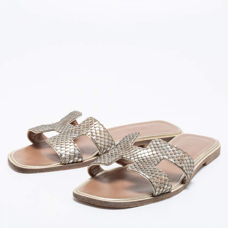 Pre Owned Hermes Metallic Python Leather Oran Flat Slides Size 39