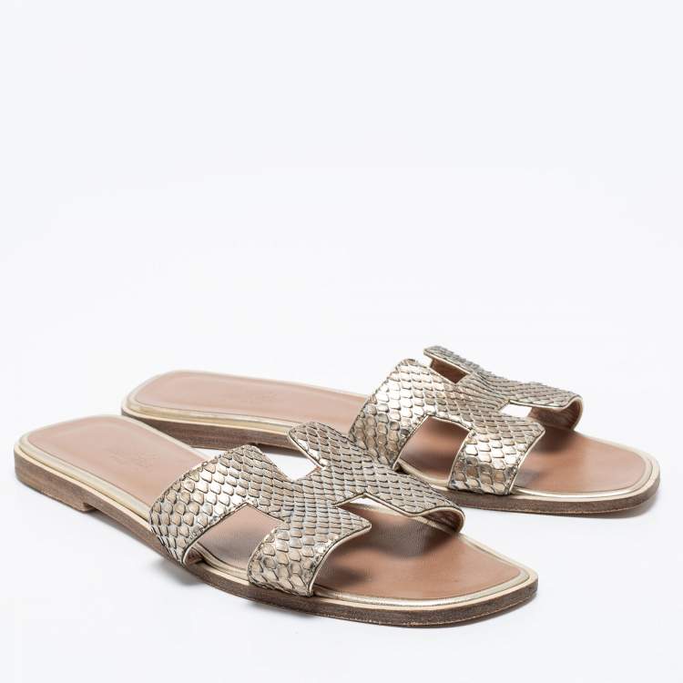 Pre Owned Hermes Metallic Python Leather Oran Flat Slides Size 39
