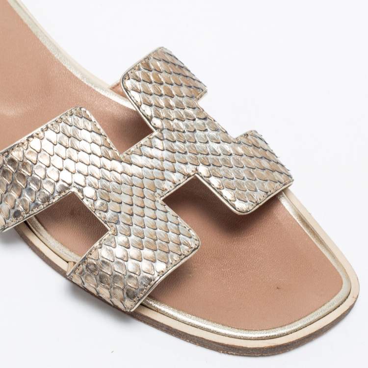 Pre Owned Hermes Metallic Python Leather Oran Flat Slides Size 39