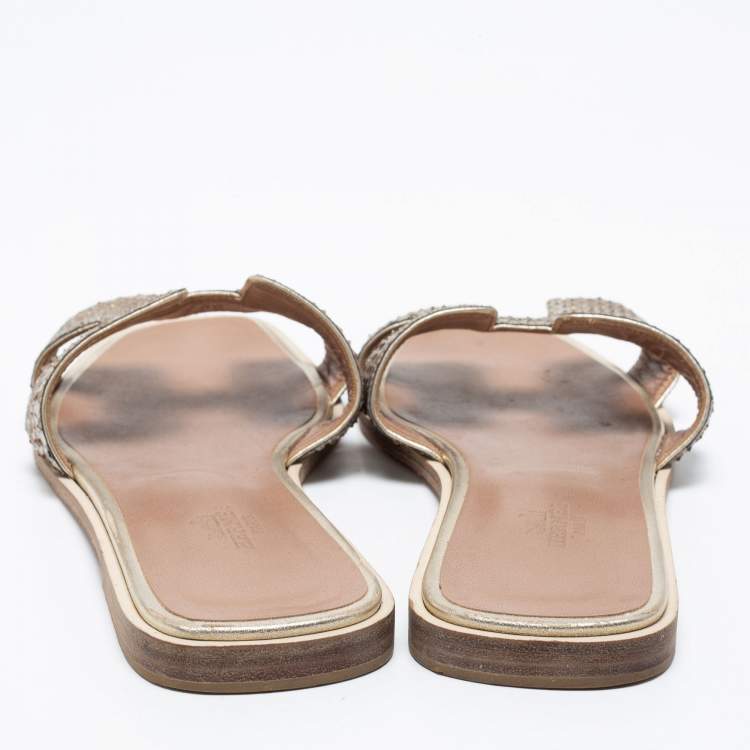 Pre Owned Hermes Metallic Python Leather Oran Flat Slides Size 39