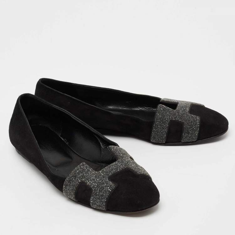 مملوكة مسبقًا Hermes Black/Grey Suede and Crystal Powder Nice Ballet Flats Size 39