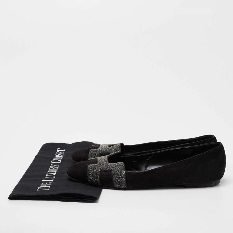 مملوكة مسبقًا Hermes Black/Grey Suede and Crystal Powder Nice Ballet Flats Size 39