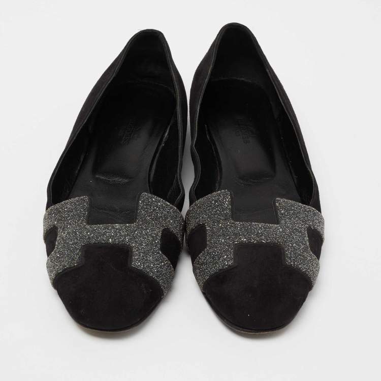 مملوكة مسبقًا Hermes Black/Grey Suede and Crystal Powder Nice Ballet Flats Size 39