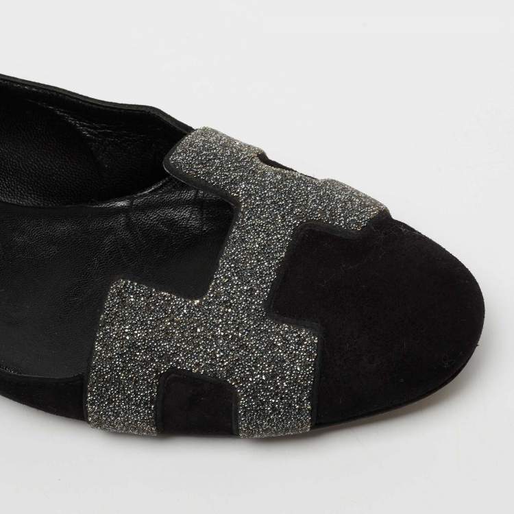 مملوكة مسبقًا Hermes Black/Grey Suede and Crystal Powder Nice Ballet Flats Size 39
