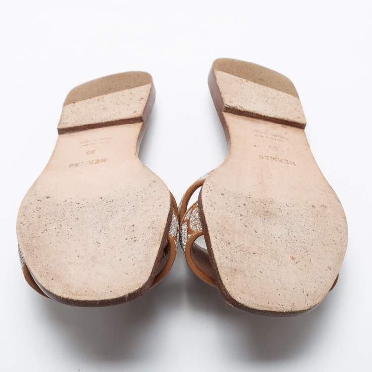 Pre Owned Hermes Tan Embroidered Leather Oran Flat Slides Size 39    