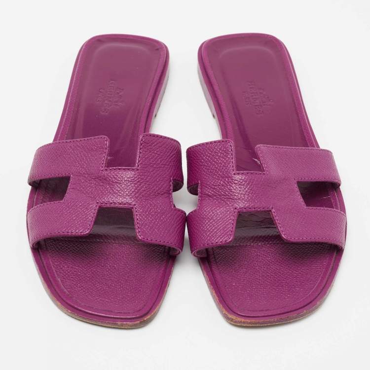 Pre Owned Hermes Pink Leather Oran Flat Slides Size 35