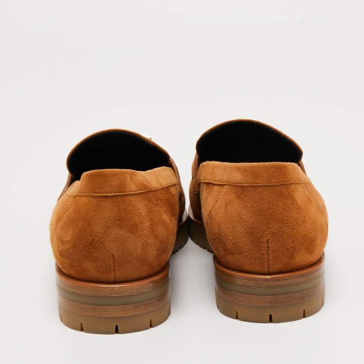 Pre Owned Hermes Brown Suede Faubourg Slip On Loafers Size 38