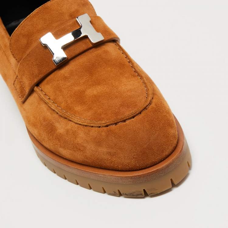 Pre Owned Hermes Brown Suede Faubourg Slip On Loafers Size 38
