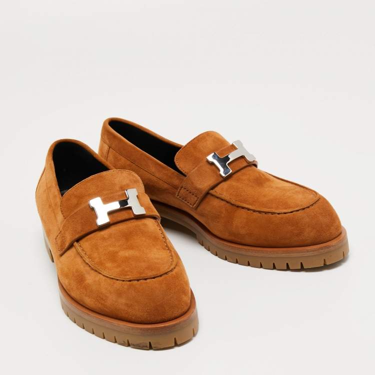 Pre Owned Hermes Brown Suede Faubourg Slip On Loafers Size 38