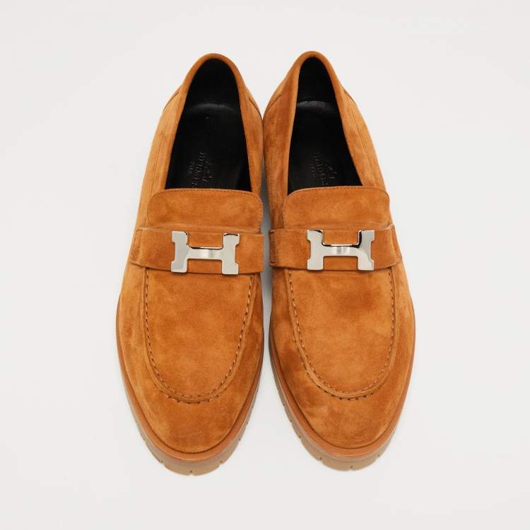 Pre Owned Hermes Brown Suede Faubourg Slip On Loafers Size 38
