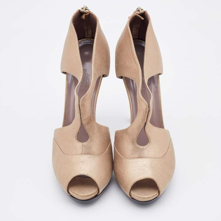 Pre Owned Hermes Metallic Beige Leather Peep Toe Booties Size 38.5