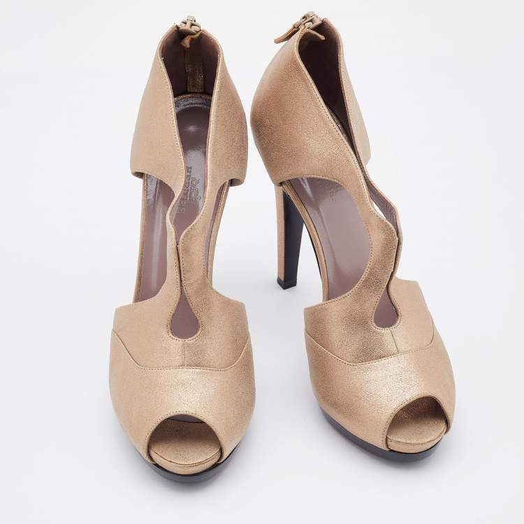 Pre Owned Hermes Metallic Beige Leather Peep Toe Booties Size 38.5