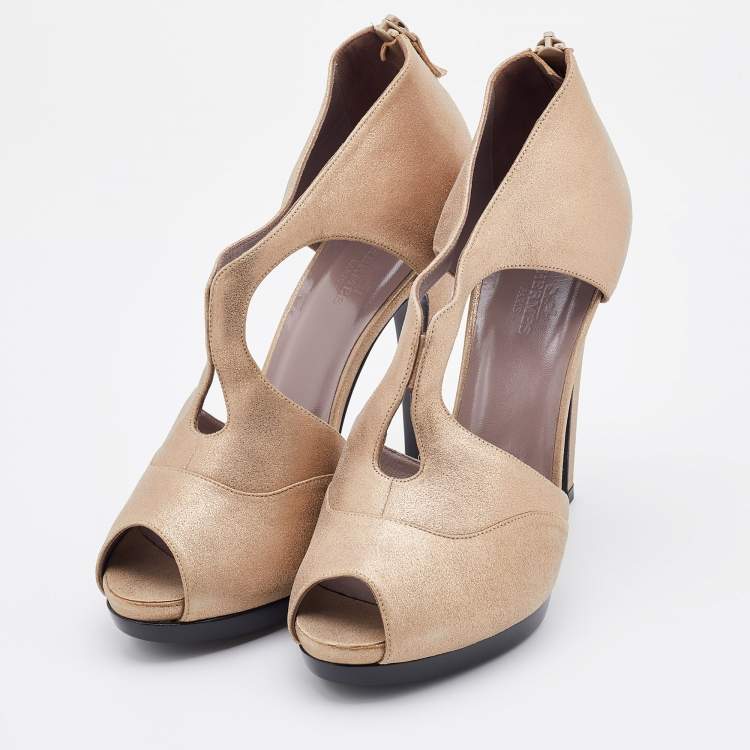 Pre Owned Hermes Metallic Beige Leather Peep Toe Booties Size 38.5