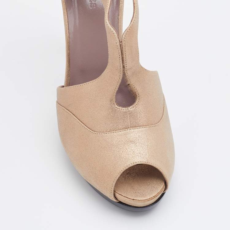 Pre Owned Hermes Metallic Beige Leather Peep Toe Booties Size 38.5