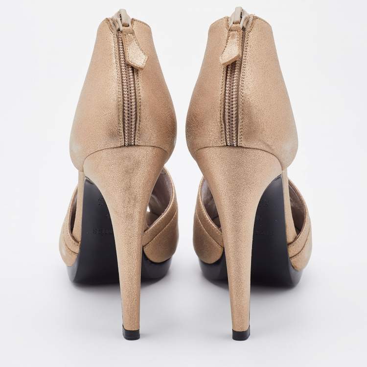 Pre Owned Hermes Metallic Beige Leather Peep Toe Booties Size 38.5