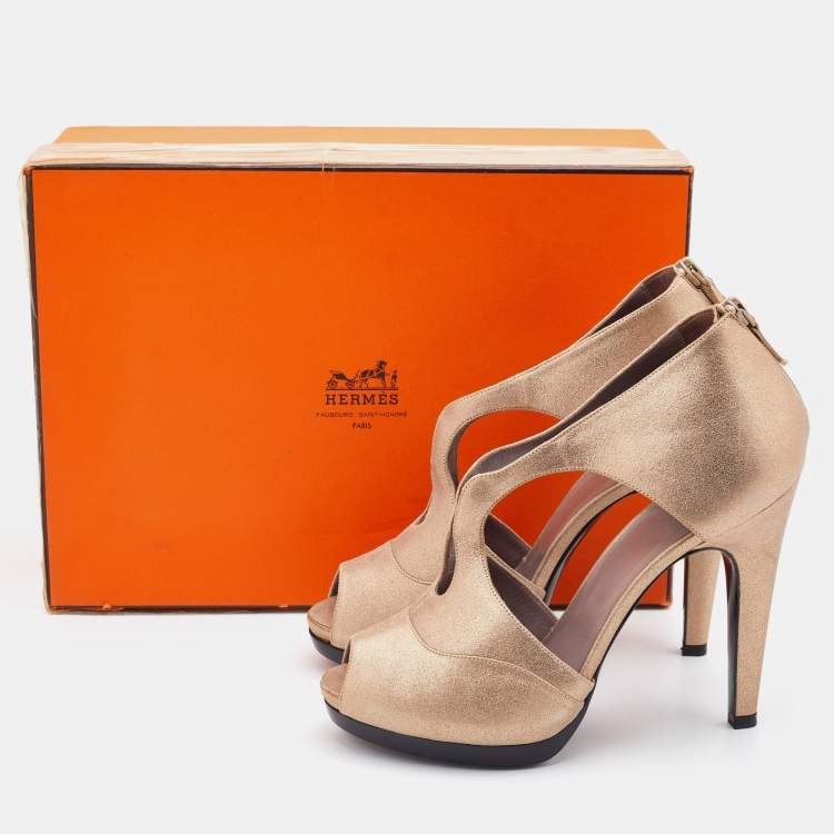 Pre Owned Hermes Metallic Beige Leather Peep Toe Booties Size 38.5