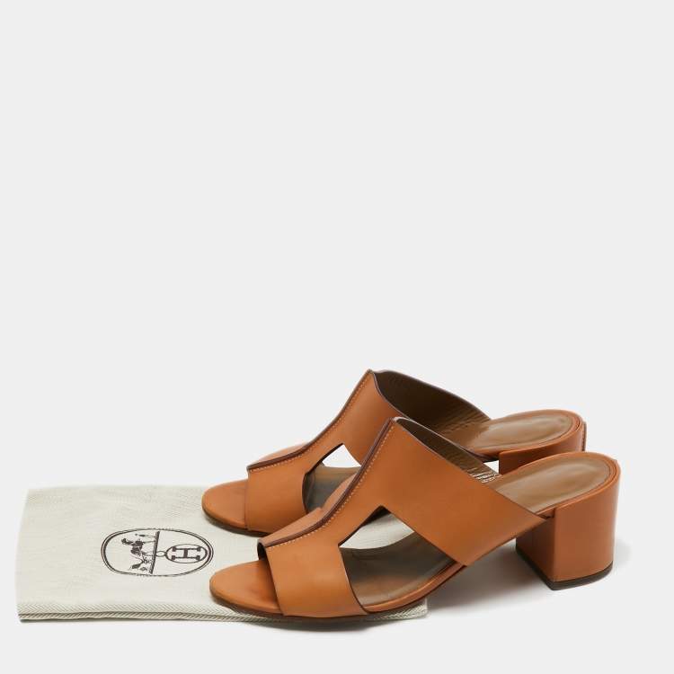 Pre Owned Hermes Brown Leather Ostia Slide Sandals Size 39