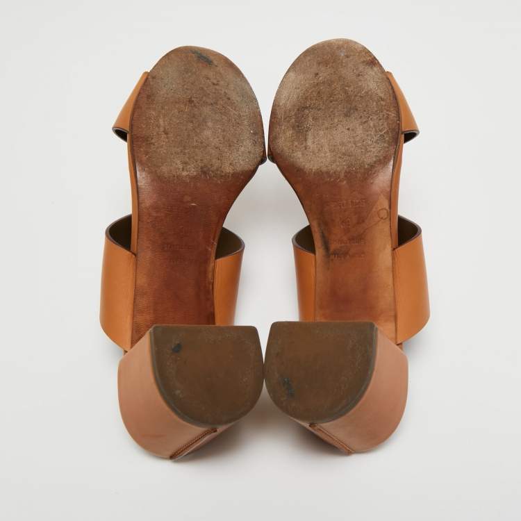 Pre Owned Hermes Brown Leather Ostia Slide Sandals Size 39